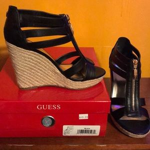 Guess Black Leather Wedge Sandals